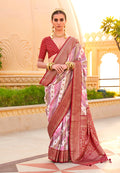 Elegant maroon silk saree with intricate foliage foil prints