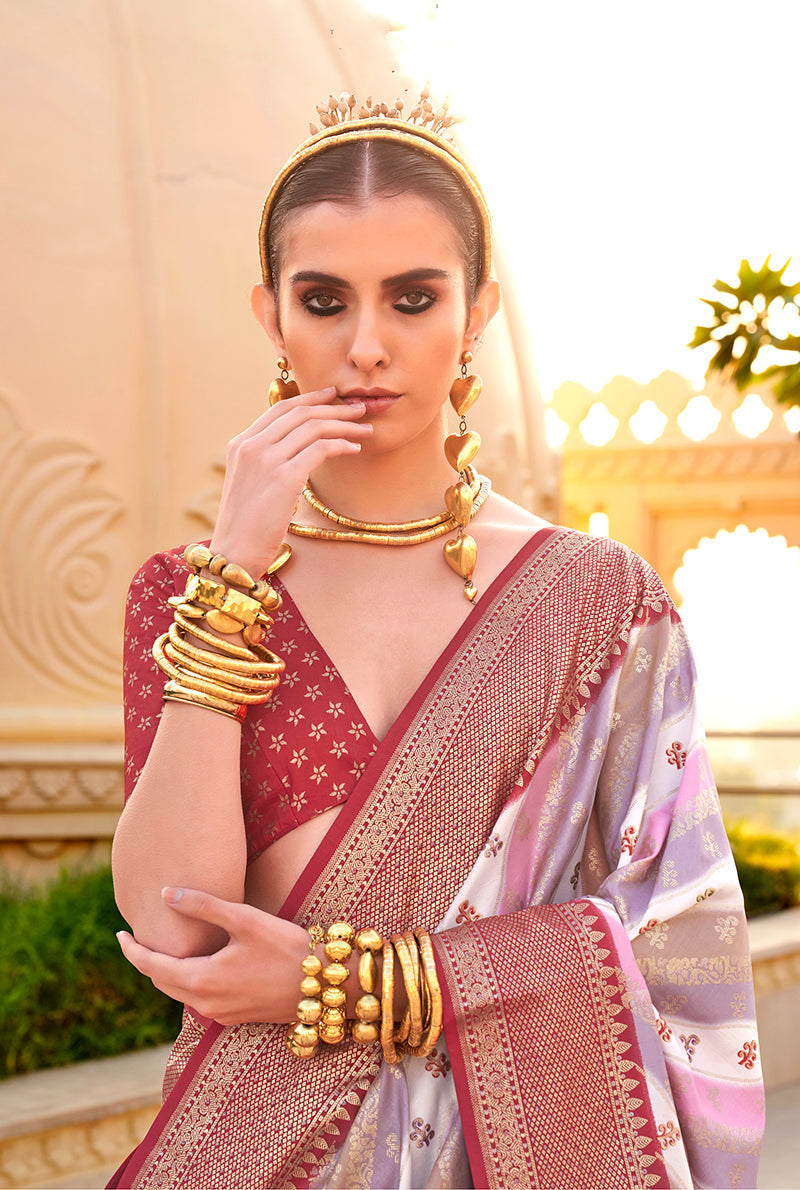 Maroon Silk Saree with Ceremonial Foliage Foil Prints