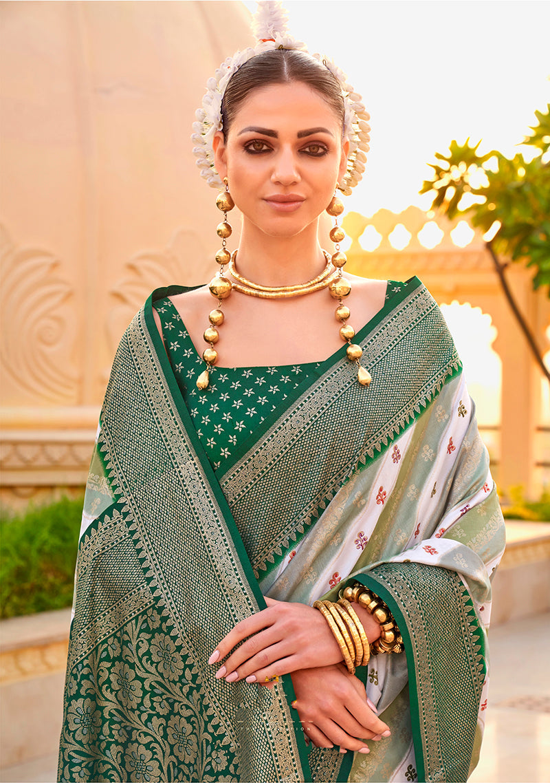 Green Silk Saree with Ethnic Foil Print - Contemporary Classic