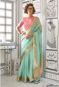 Elegant aqua blue chiffon saree with delicate weaving patterns