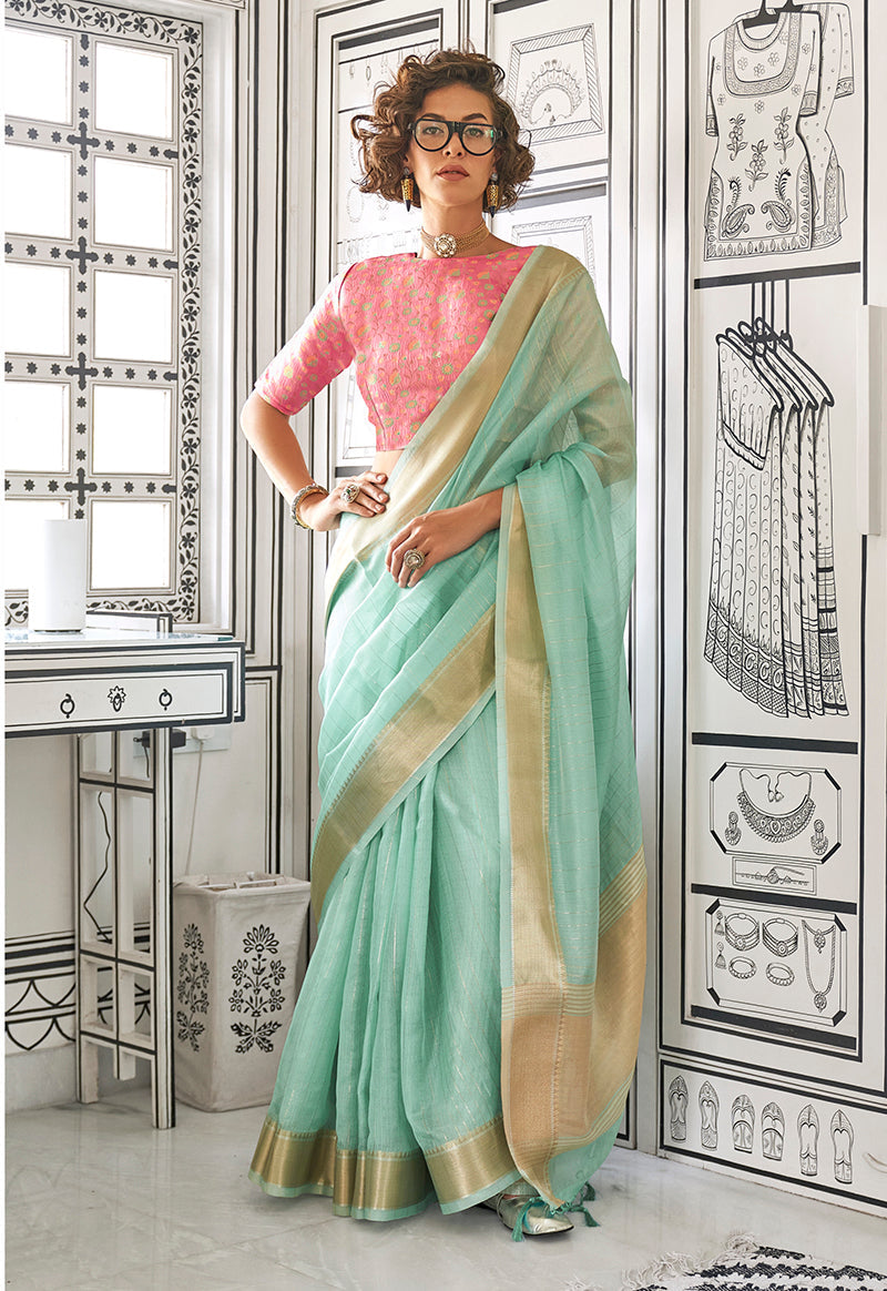 Elegant aqua blue chiffon saree with delicate weaving patterns