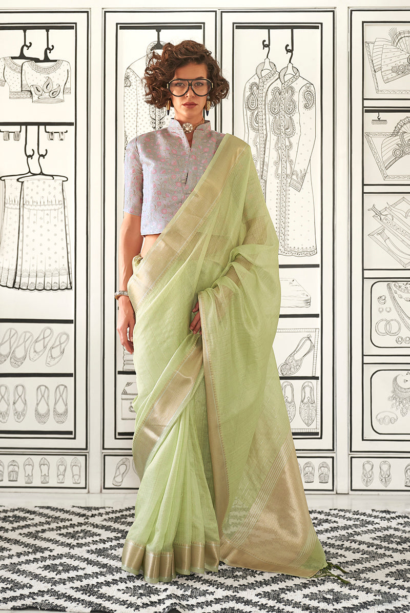 Light green chiffon designer saree with elegant woven patterns