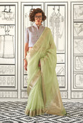 Light green chiffon designer saree with elegant woven patterns