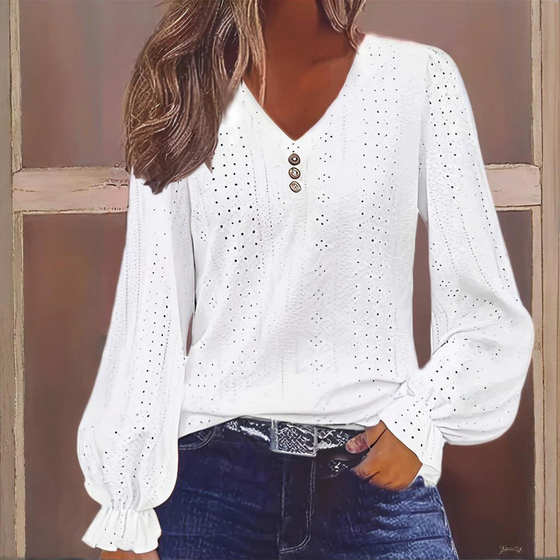 Yellow V-Neck Lantern Sleeve Lace Detail Blouse