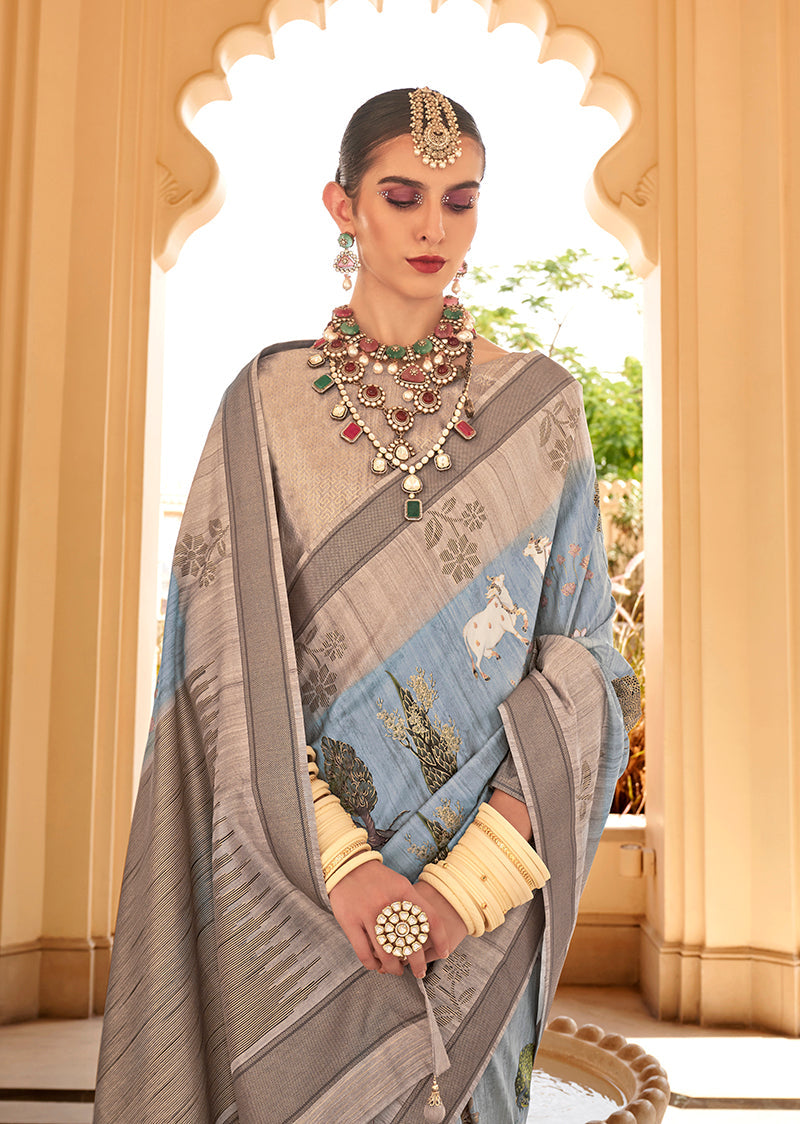 Aqua Blue Raw Silk Saree with Foliage Print - Elegant Ethnic Wear