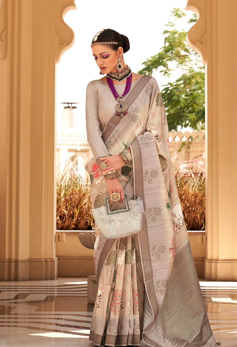 Cream raw silk contemporary saree with subtle foil print