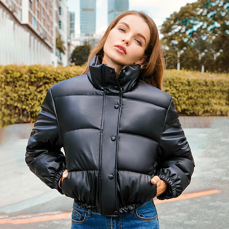 Women's Cropped Puffer Jacket with Standing Collar & Faux Leather Look - Image 7