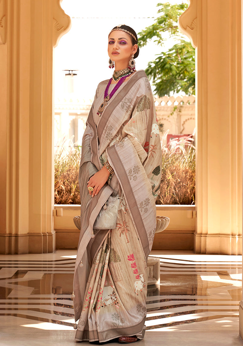 Cream Raw Silk Foil Print Contemporary Saree
