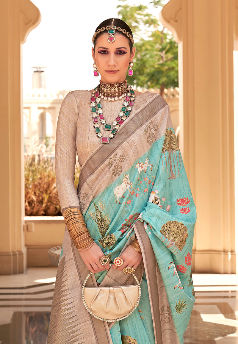 Turquoise Raw Silk Saree with Elegant Foliage Prints