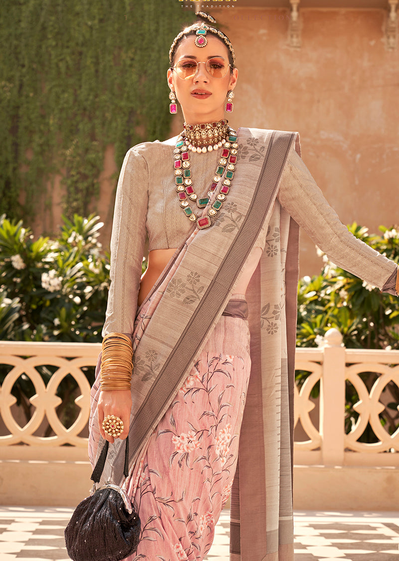 Light Pink Foil Print Raw Silk Classic Saree