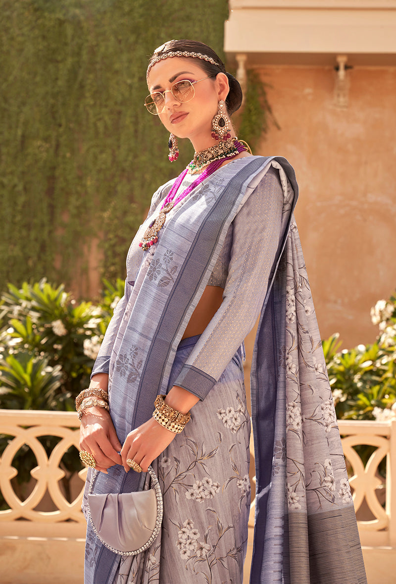 Grey Raw Silk Saree with Foliage Prints