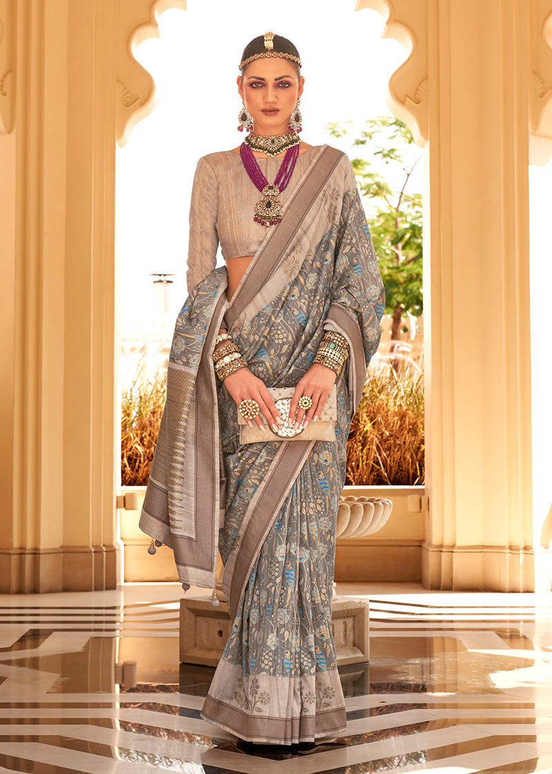 A trendy multi-color raw silk saree featuring shimmering foil print patterns, ideal for evening wear.