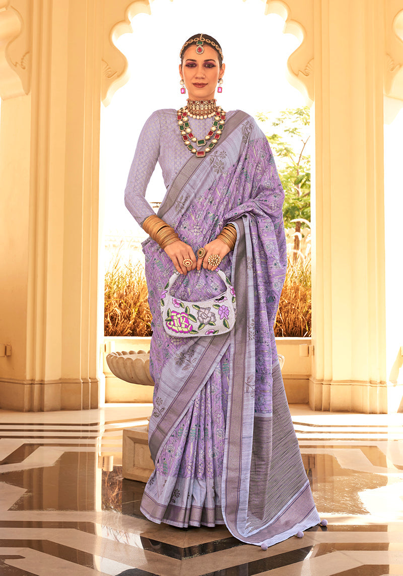 Close up of a lavender raw silk saree featuring intricate foil print detailing