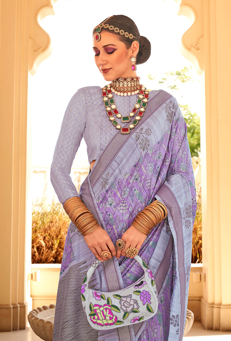 Lavender Raw Silk Foil Print Trendy Saree