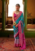 Monjolika Fashion Silk Patola Print Aqua Blue Designer Saree