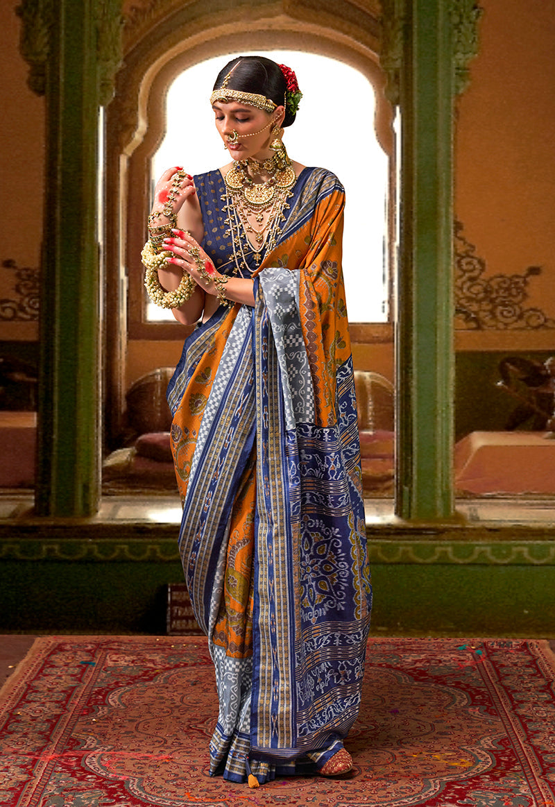 Mustard silk traditional saree with authentic Patola print design