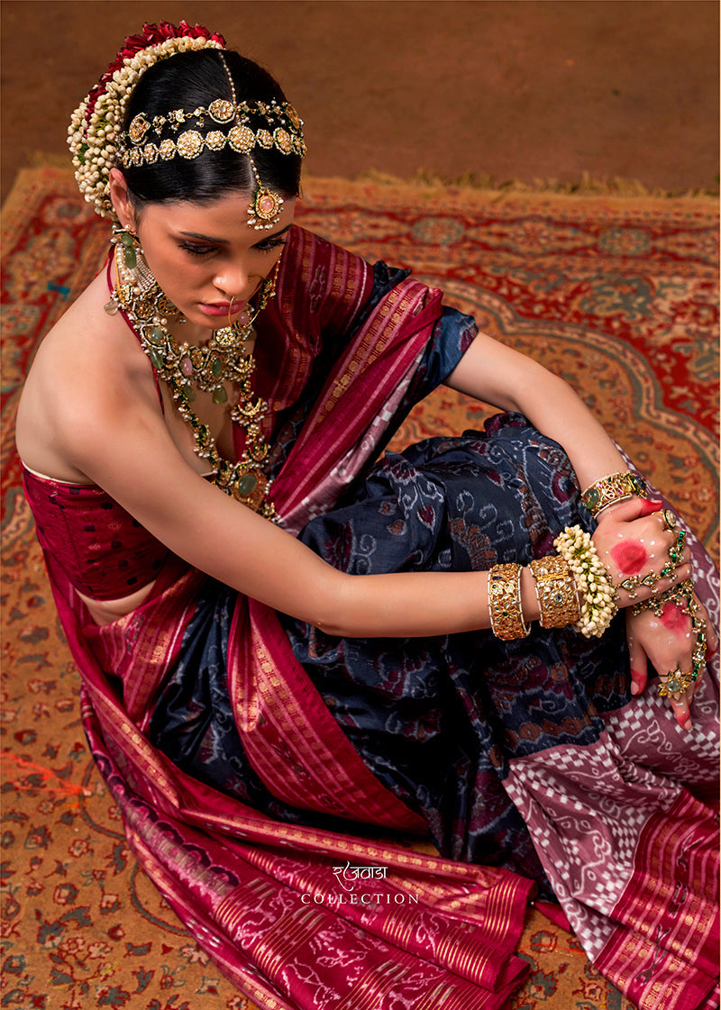 Monjolika Fashion Silk Patola Print Navy Blue Traditional Saree