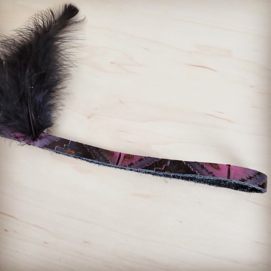 Magenta Navajo Print Leather Hat Band with Black Feathers - Image 5