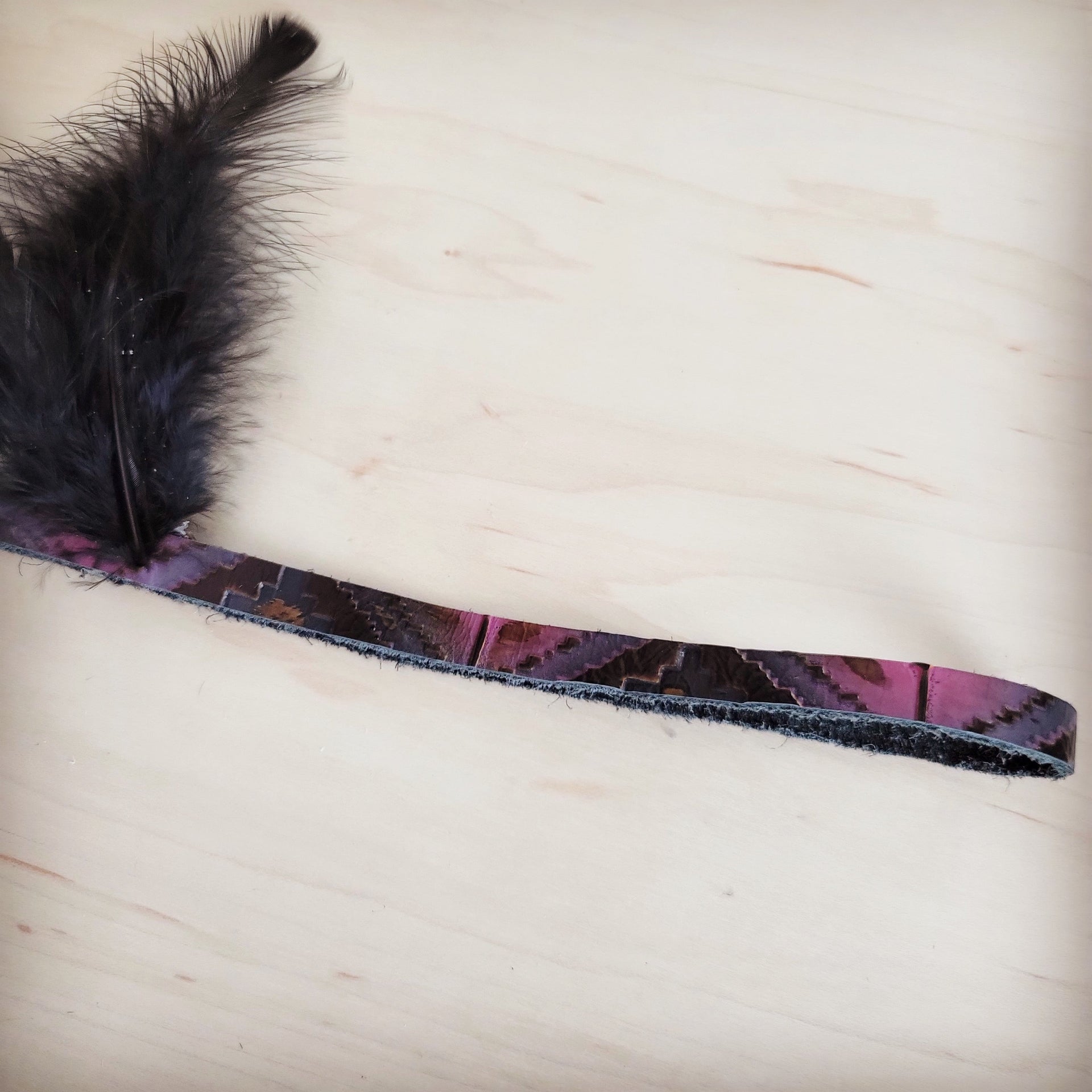 Magenta Navajo Print Leather Hat Band with Black Feathers - Image 5