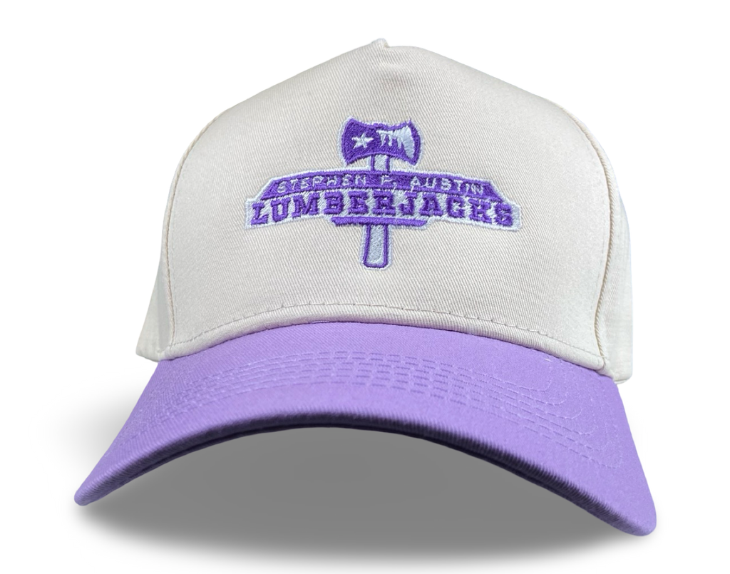 SFA Lumberjacks trucker hat with axe and banner embroidery on a white mesh and purple cotton crown.