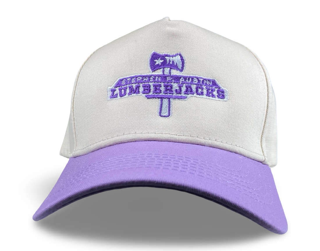 SFA Lumberjacks trucker hat with axe and banner embroidery on a white mesh and purple cotton crown.