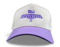 SFA Lumberjacks trucker hat with axe and banner embroidery on a white mesh and purple cotton crown.