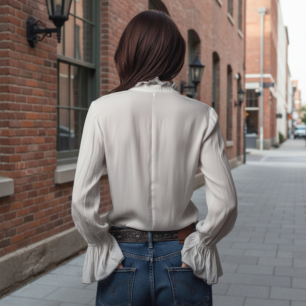 White Ruffled Long Sleeve Resort Blouse with Zipper Detail