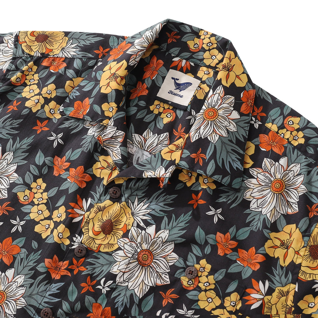 Autumn Garden Print Short Sleeve 100% Cotton Camp Collar Shirt