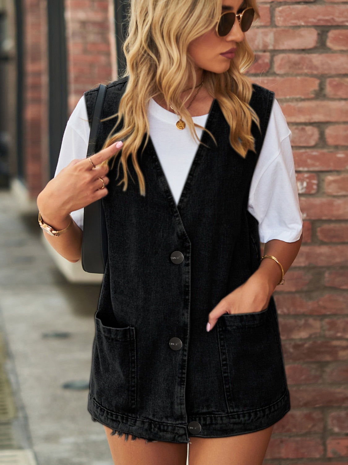 V-Neck Button Up Denim Vest | Rayon Blend