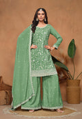 Readymade light-green Chinnon salwar suit with ethnic resham embroidery