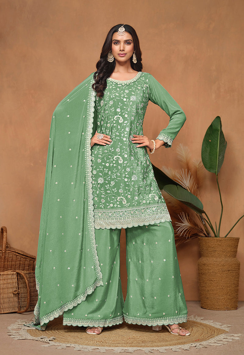 Readymade light-green Chinnon salwar suit with ethnic resham embroidery