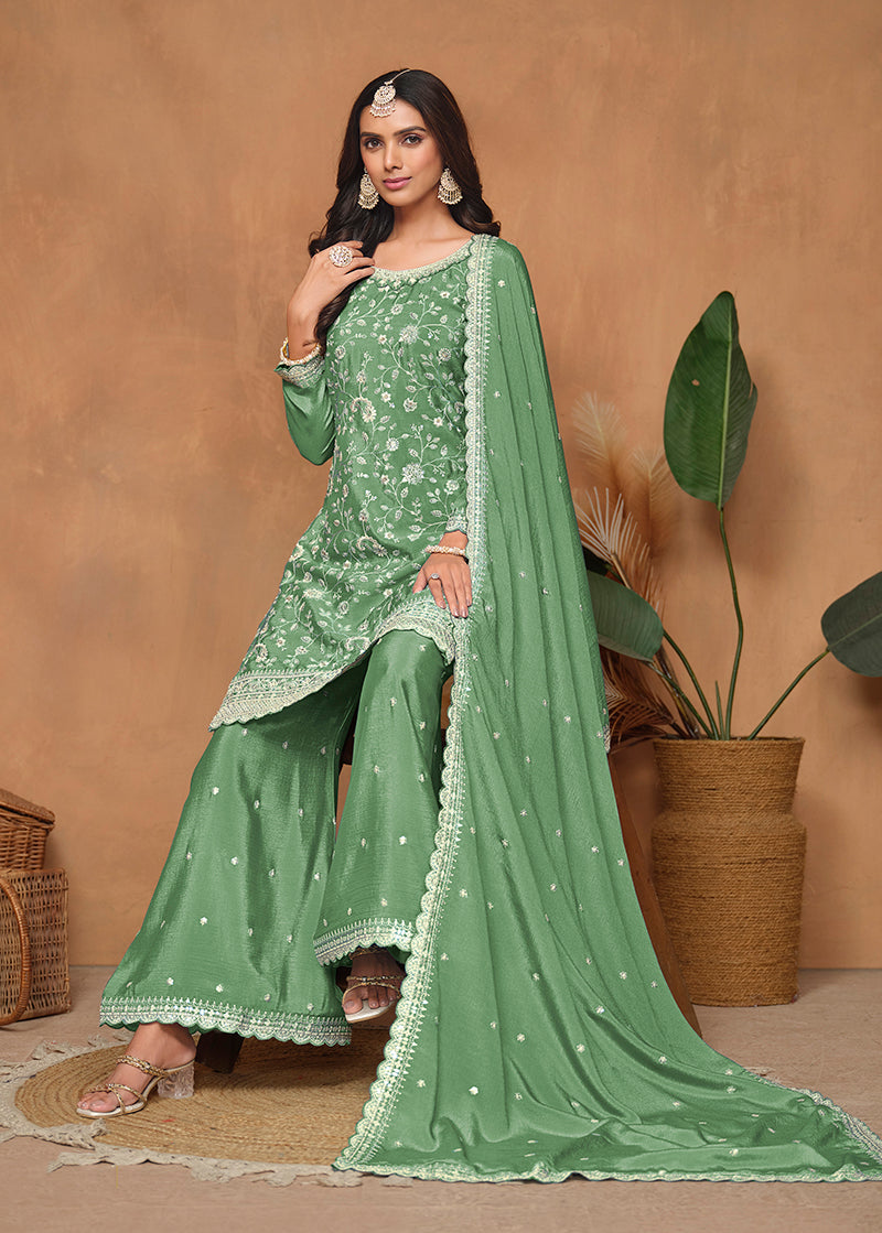 Light-Green Embroidered Santoon Chinnon Readymade Salwar Suit