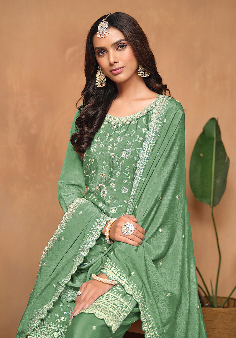 Light-Green Embroidered Santoon Chinnon Readymade Salwar Suit