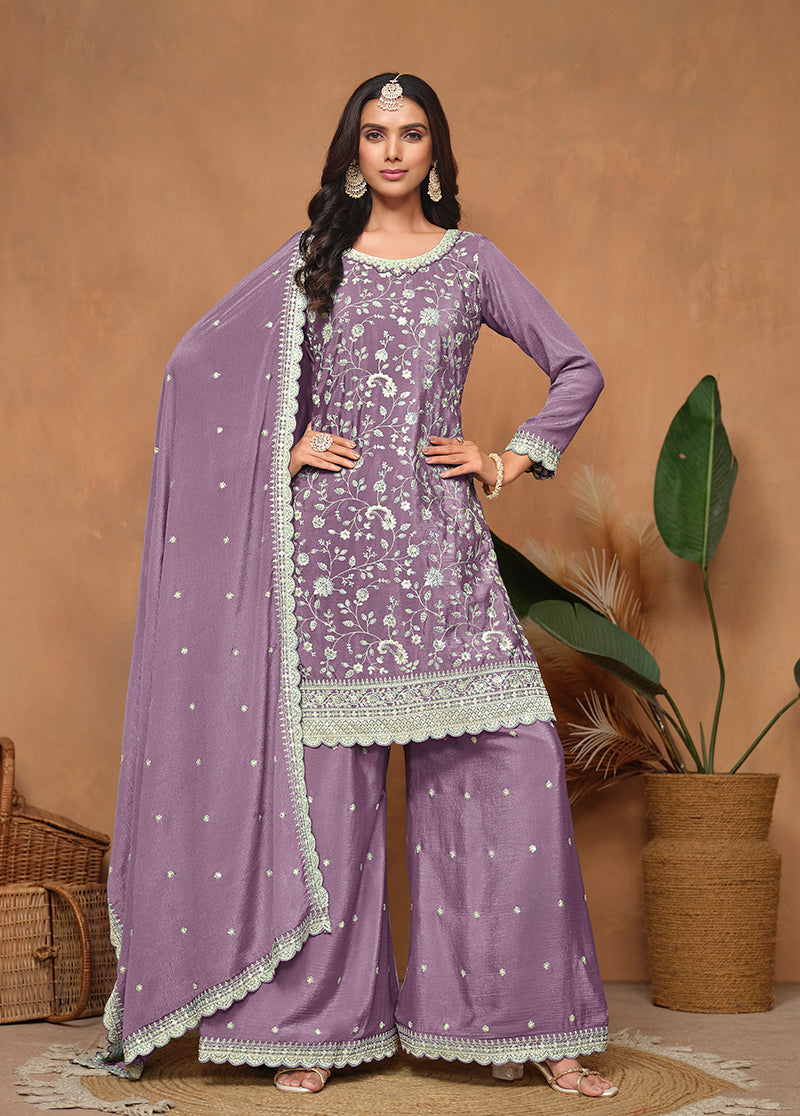 Lavender readymade chinon salwar suit with resham and sequins embroidery