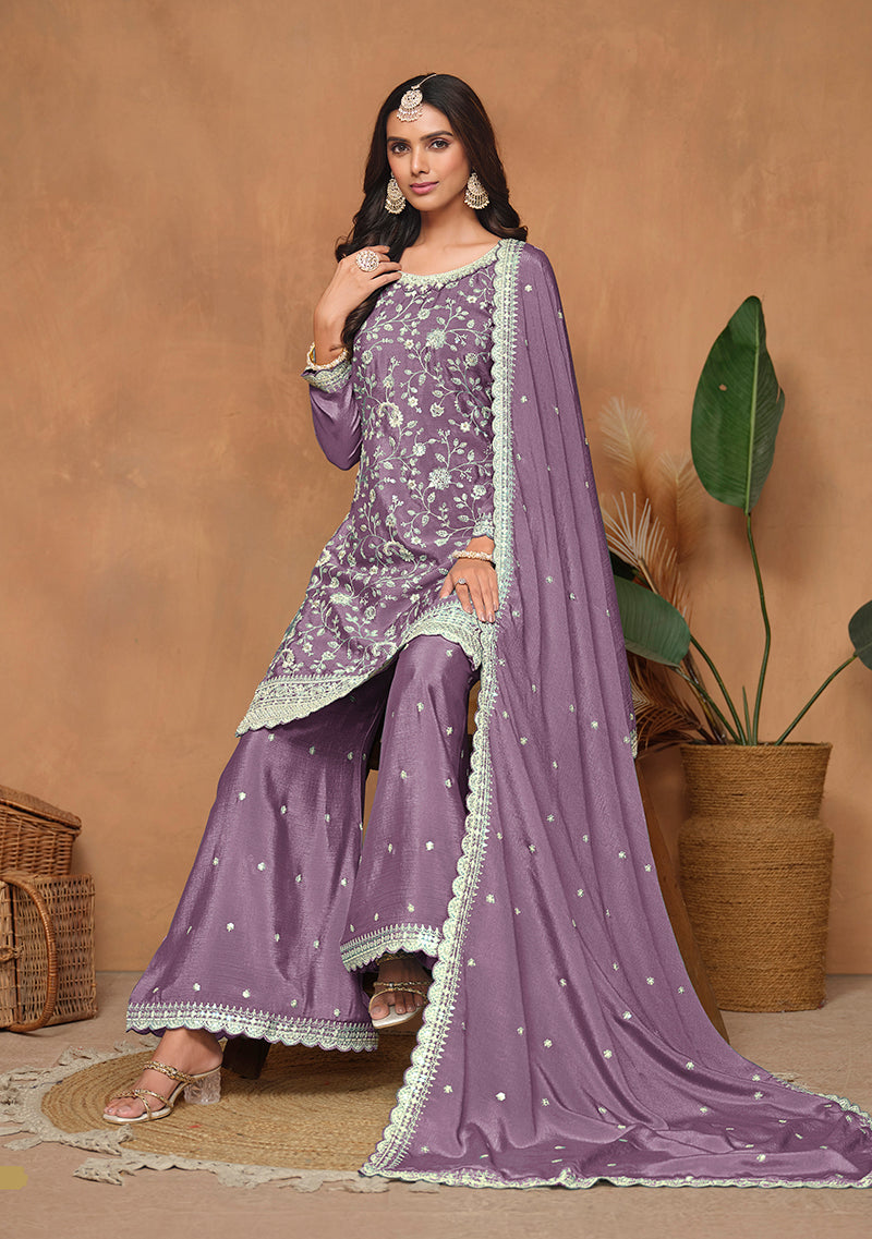 Lavender Embroidered Chinon Salwar Suit with Sequins