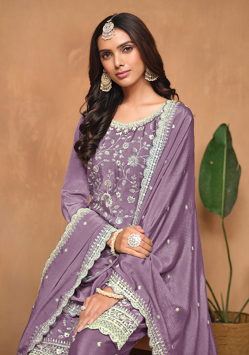 Lavender Embroidered Chinon Salwar Suit with Sequins