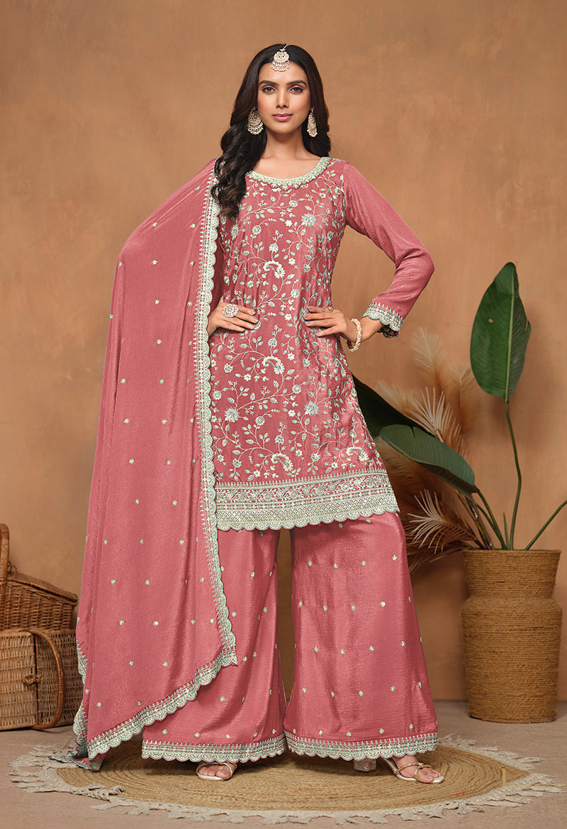 Peach designer salwar suit in chinnon fabric with sequin and resham embroidery