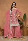 Peach designer salwar suit in chinnon fabric with sequin and resham embroidery