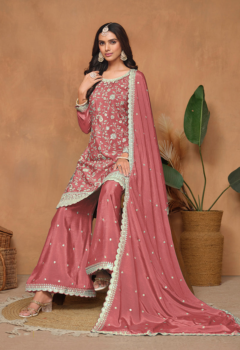 Peach Embroidered Chinnon Designer Salwar Suit with Resham Work