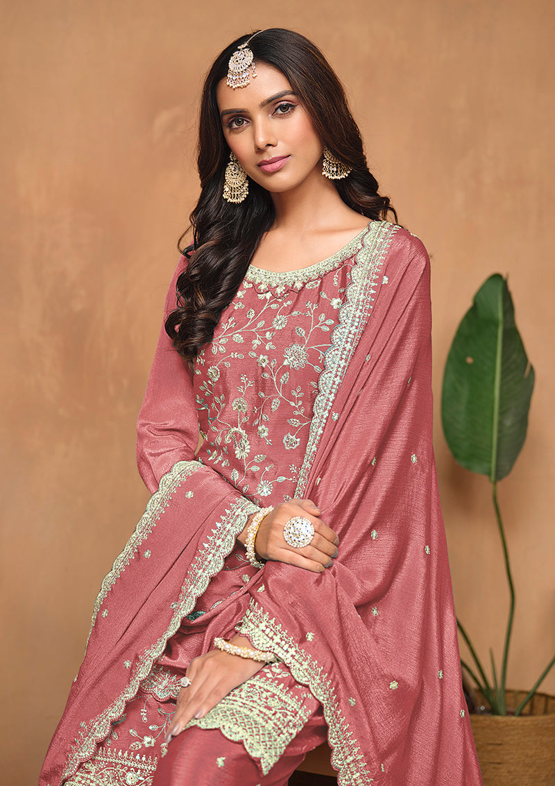 Peach Embroidered Chinnon Designer Salwar Suit with Resham Work