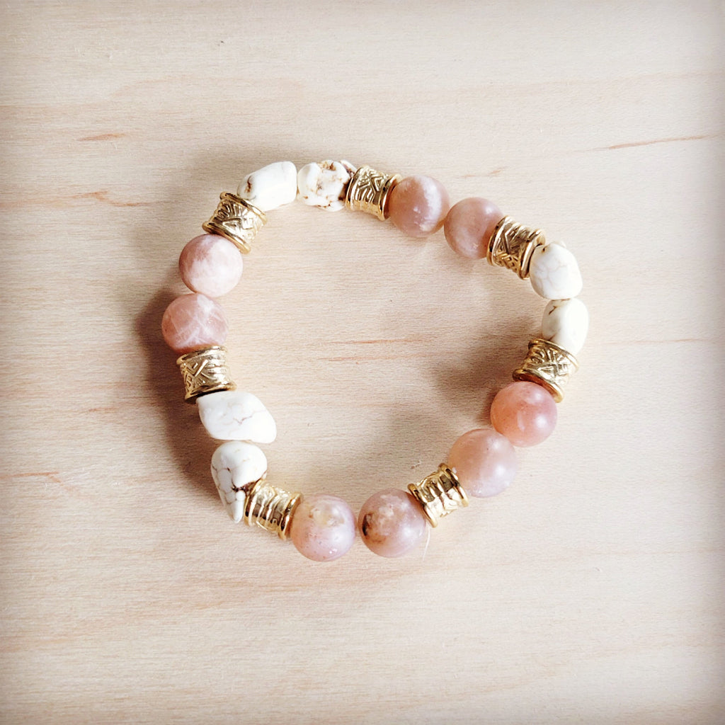 Frosted sunstone and white turquoise beaded stretch bracelet with gold-tone accents