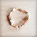 Frosted sunstone and white turquoise beaded stretch bracelet with gold-tone accents