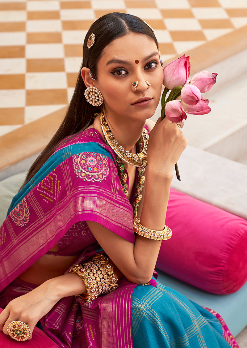 Magenta Silk Foliage Print Classic Patola Saree for Festivals