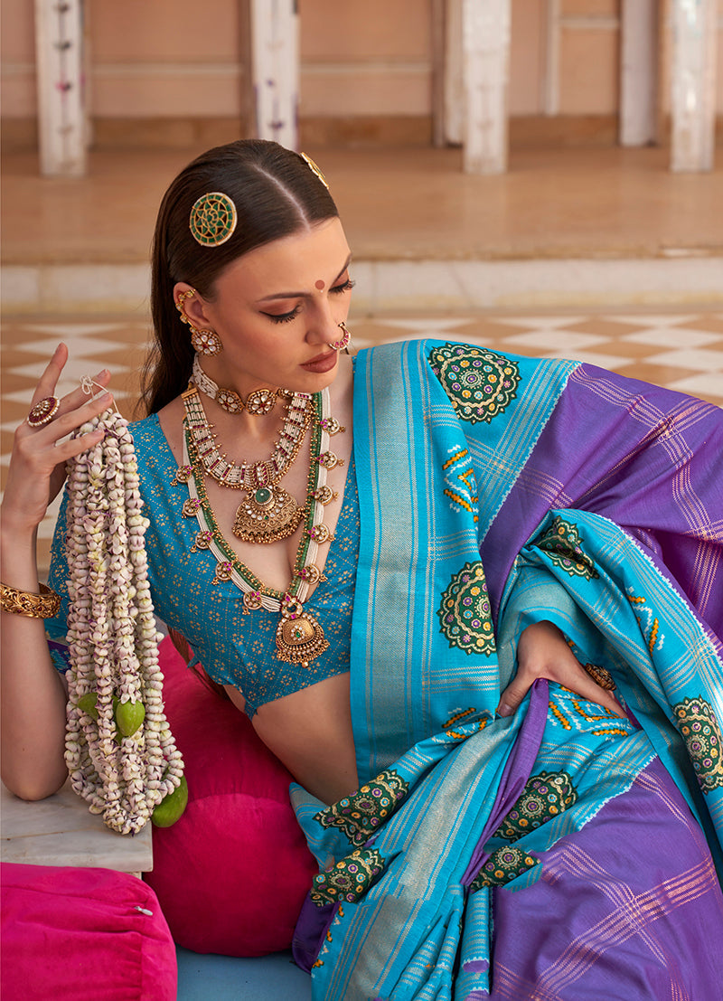 Aqua Blue Silk Foil Print Patola Contemporary Saree