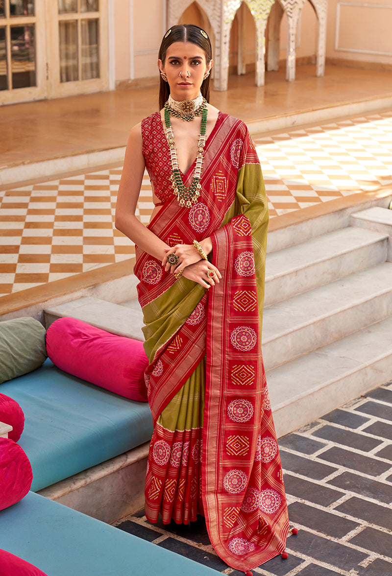 Monjolika Fashion Silk Olive Foil Print Patola Designer Saree