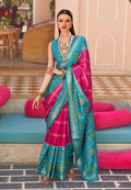 Rani pink silk patola saree with detailed foliage foil prints