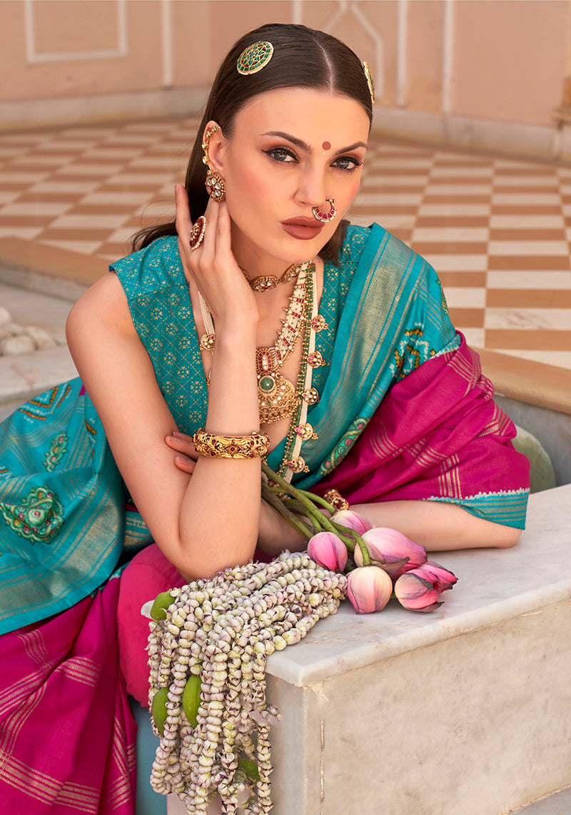 Rani Pink Silk Patola Saree with Foliage Foil Prints