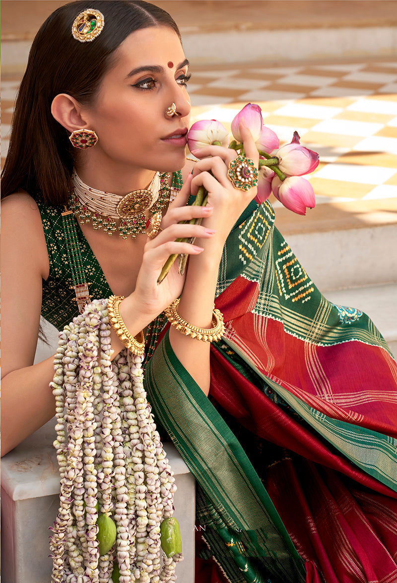 Dark Green Patola Foil Print Silk Saree for Traditional Events