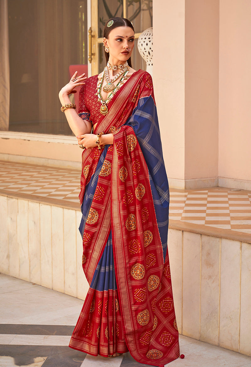 Stunning navy blue silk designer saree with traditional foliage and foil prints