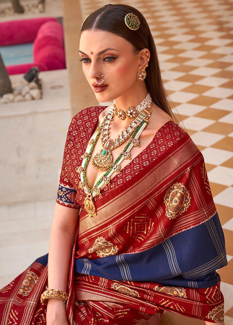Navy Blue Silk Patola Foliage Print Designer Saree
